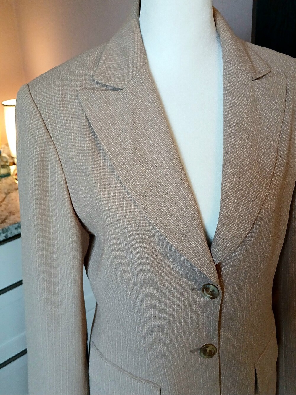 VTG 90s Tan Blazer Ice Cube By Michael Sz 8 Business Office Vixen Pin Stripe